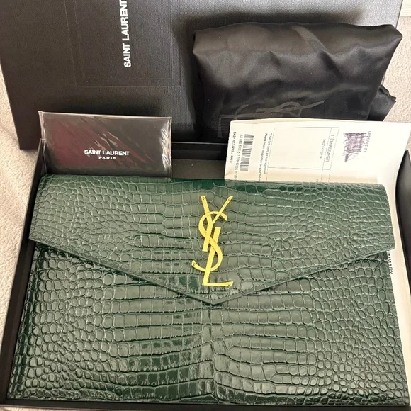 SAINT LAURENT YSL Dark Mint Green Uptown Croc Print Med Envelope Pouch Clutch - Picture 2 of 12